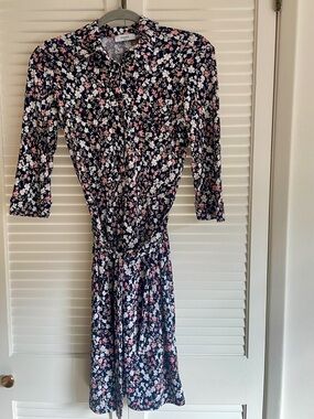 Eloise Paris Navy Floral Midi Shirt Dress with Tie Waist